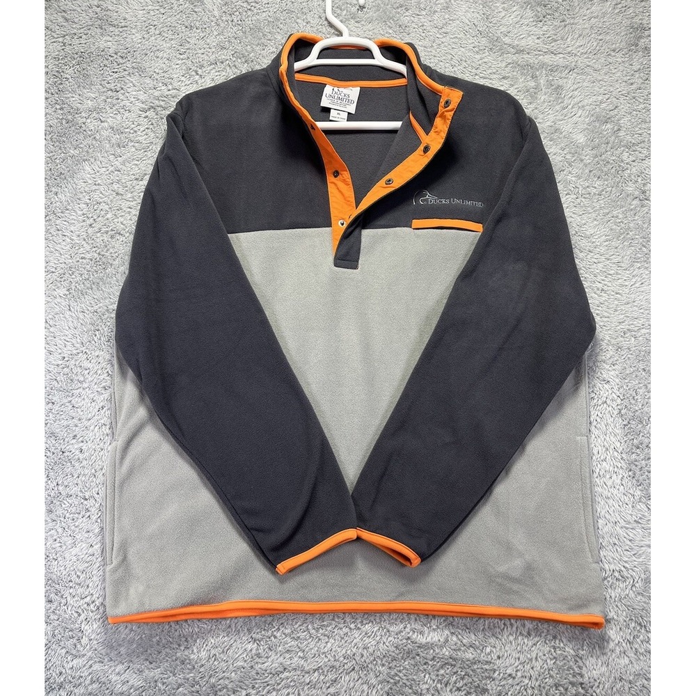 Ducks Unlimited Mens XL Gray Orange Fleece 1/4 Snap Pullover Hunting Colorblock